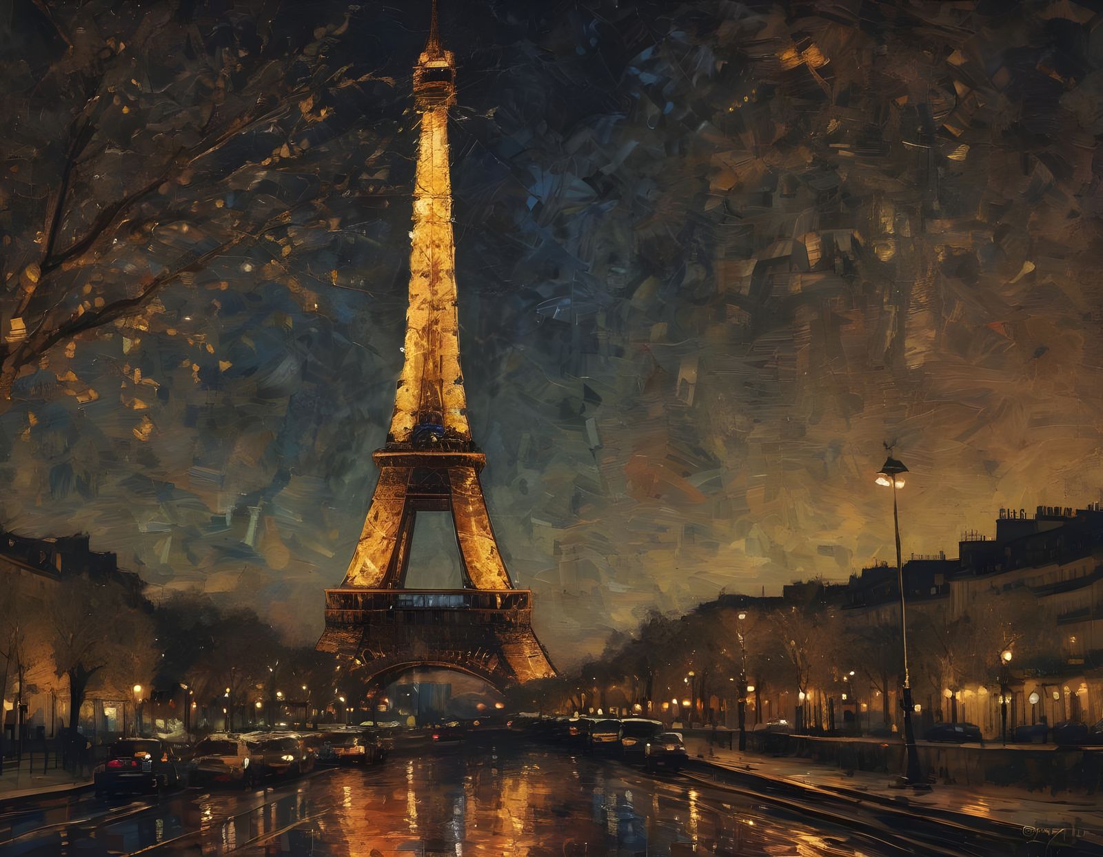 Paris at Night in Van Gogh Style