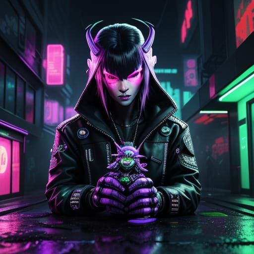 Cyberpunk Alien Marijuana Cartoon in Neon Cityscape