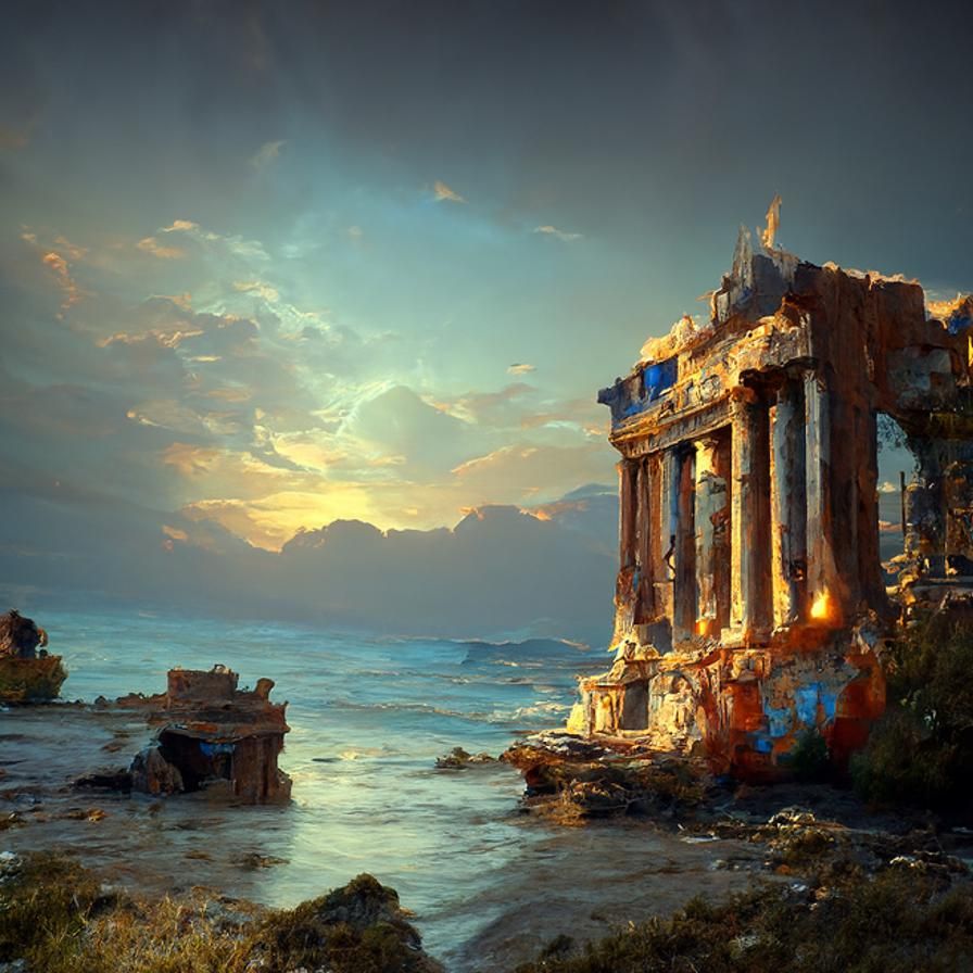 Grecian Temple Ruins at Sunset: Fantasy Art