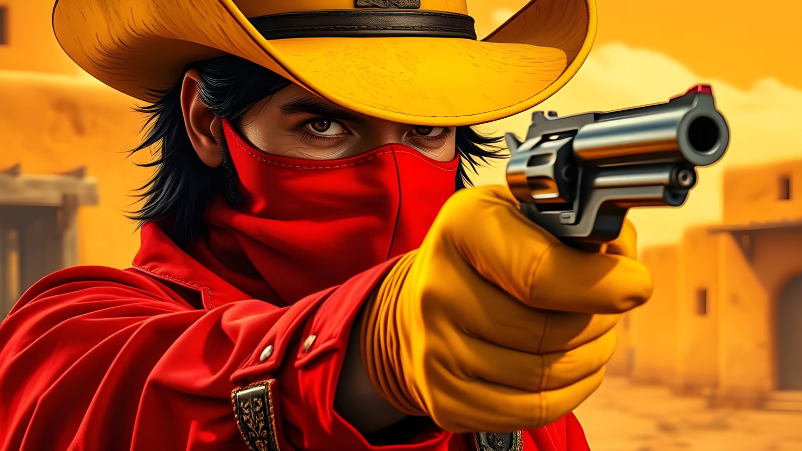 Gritty Southwestern Hero in Vivid Red Mask