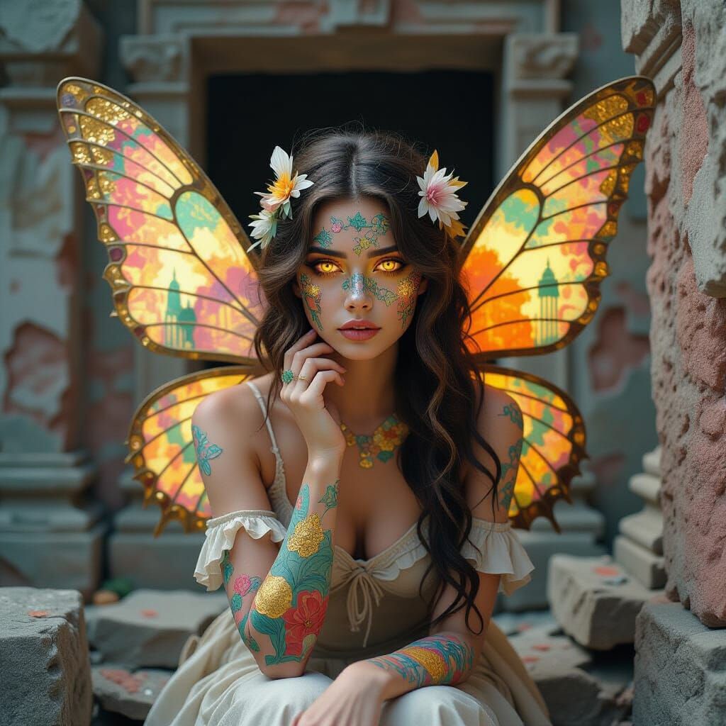 Surreal Fairy as Ancient Wall Art in Ruined Temple