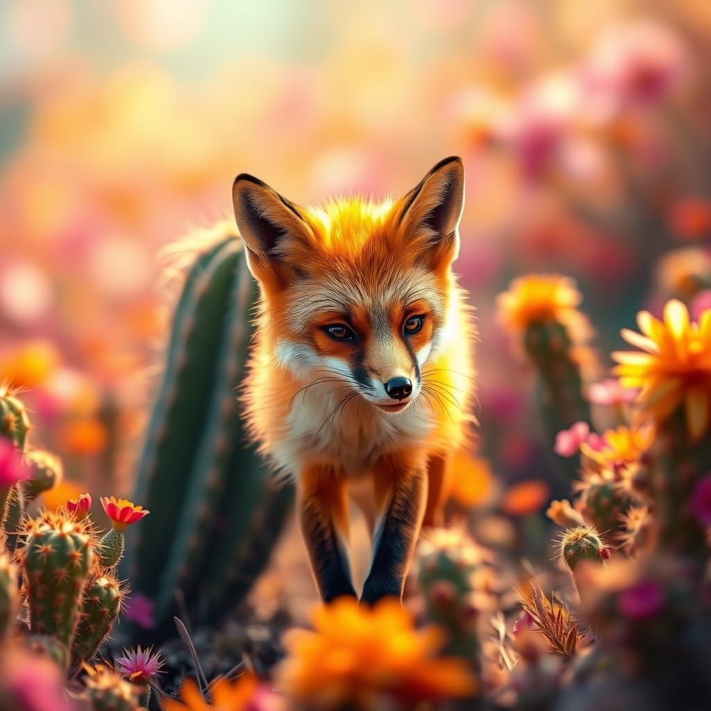 Orange Fox in Blooming Cactus Field