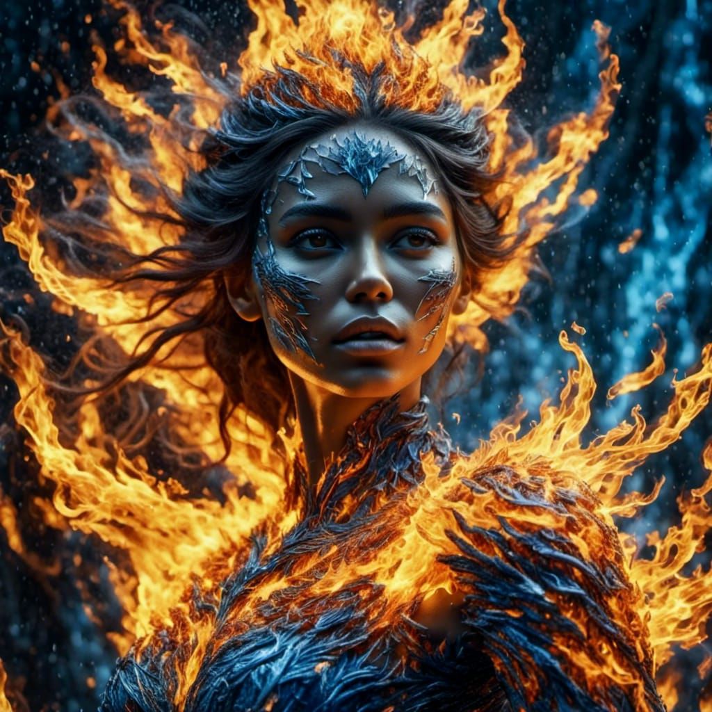 Retrofuturistic Fire Dancer in Ice Dress
