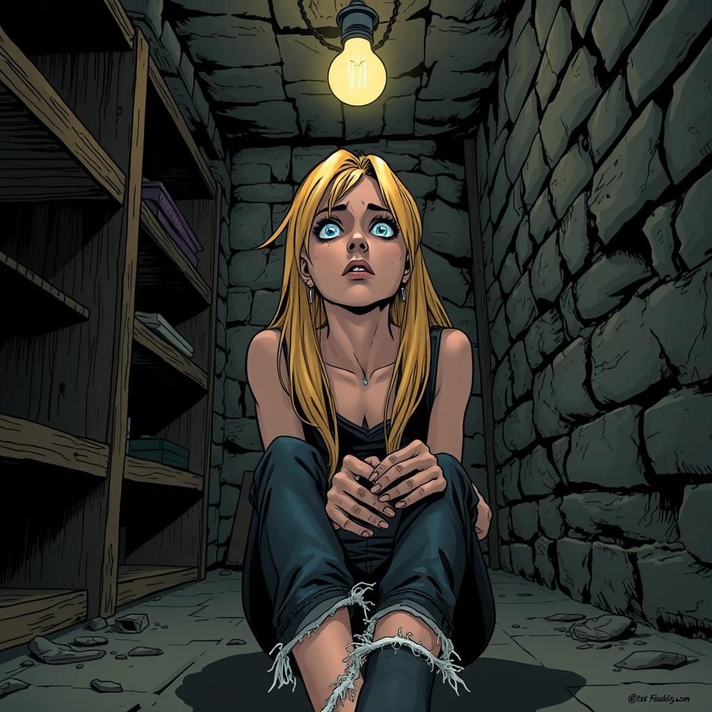 Scared Blonde Girl in Dim Basement, Comic Book Style