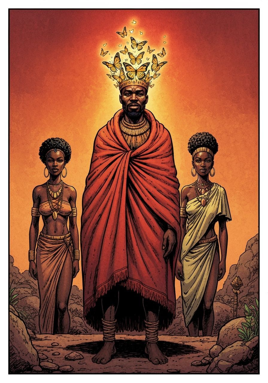 Regal African King with Butterfly Crown in Gritty Illustrati...