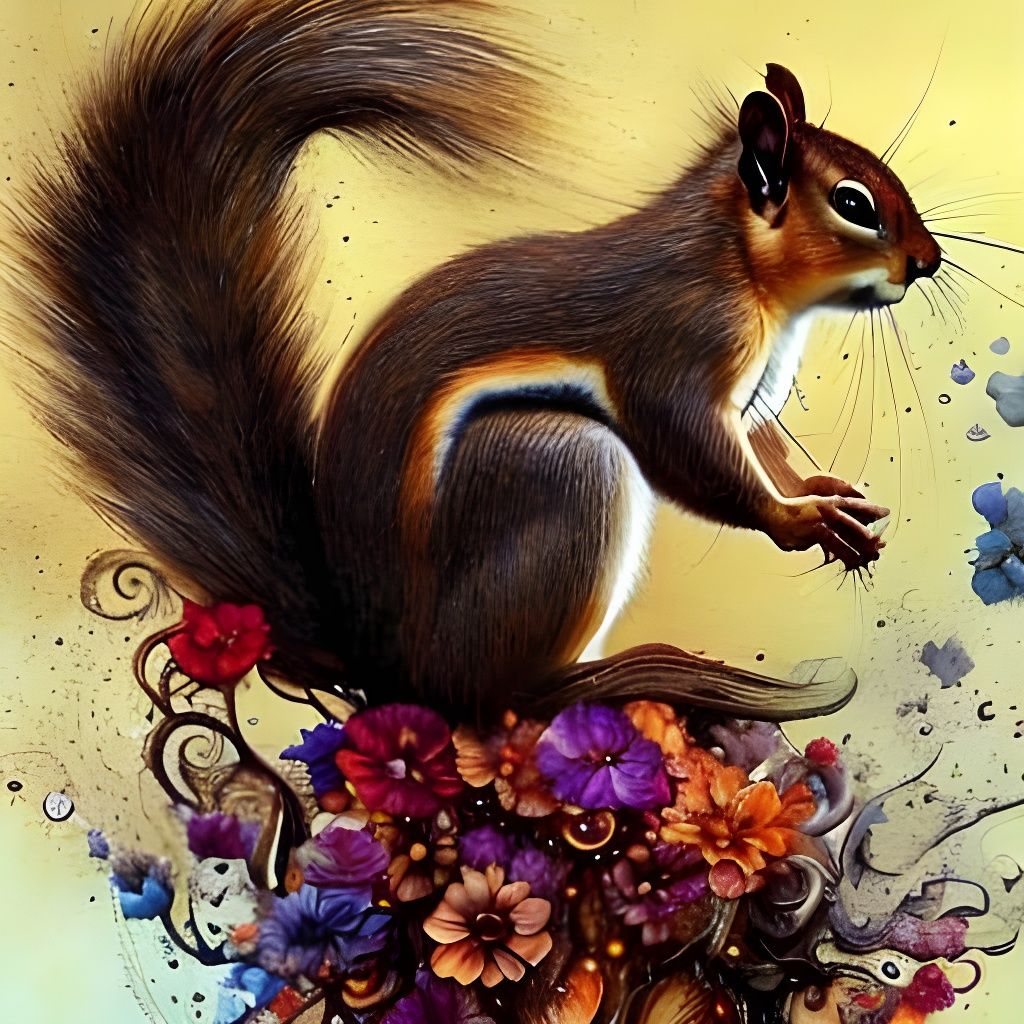Squirrel in a Hyperrealistic Floral Masterpiece