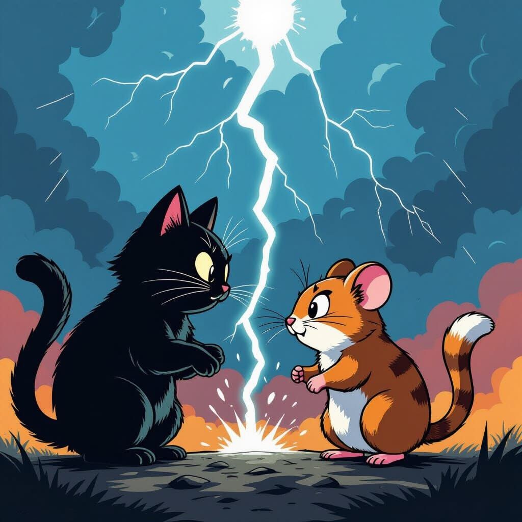 Cartoon Cat and Hamster Battle Under Lightning Strike