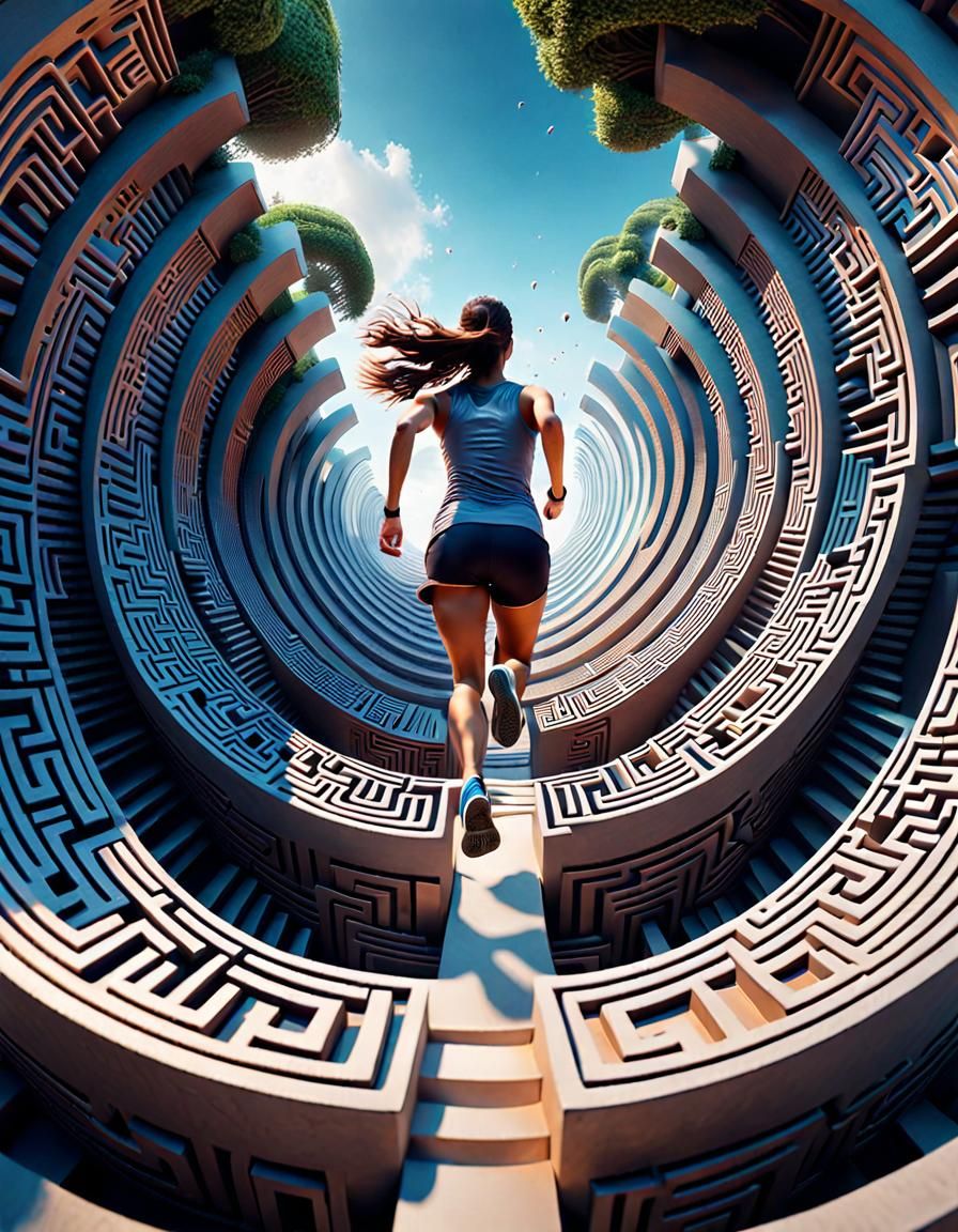 A mind bending illusion of a girl running through an infinity maze