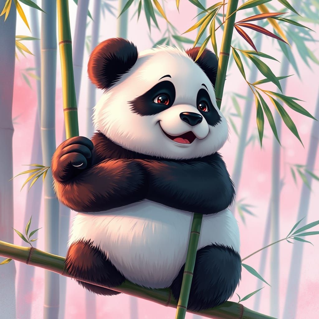 Anime-Style Panda Bear in Whimsical Bamboo Forest
