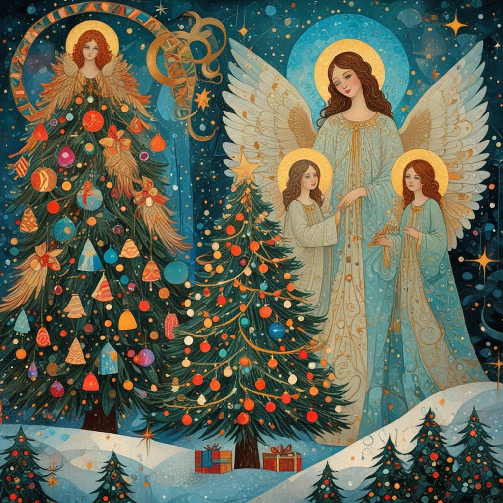 Gustav Klimt-Inspired Christmas Angels Amidst a Vibrant Tree