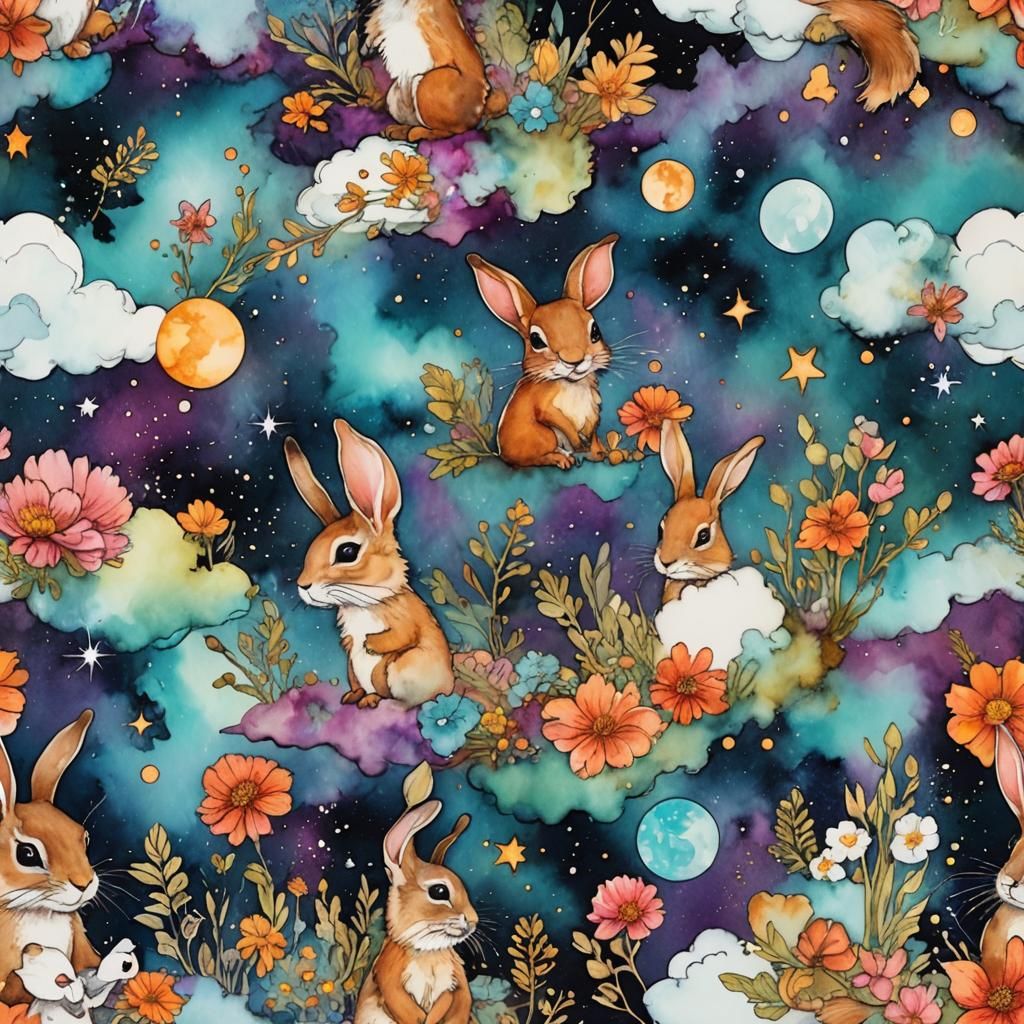 Alcohol Ink Painting: Rabbits and Squirrels in Space