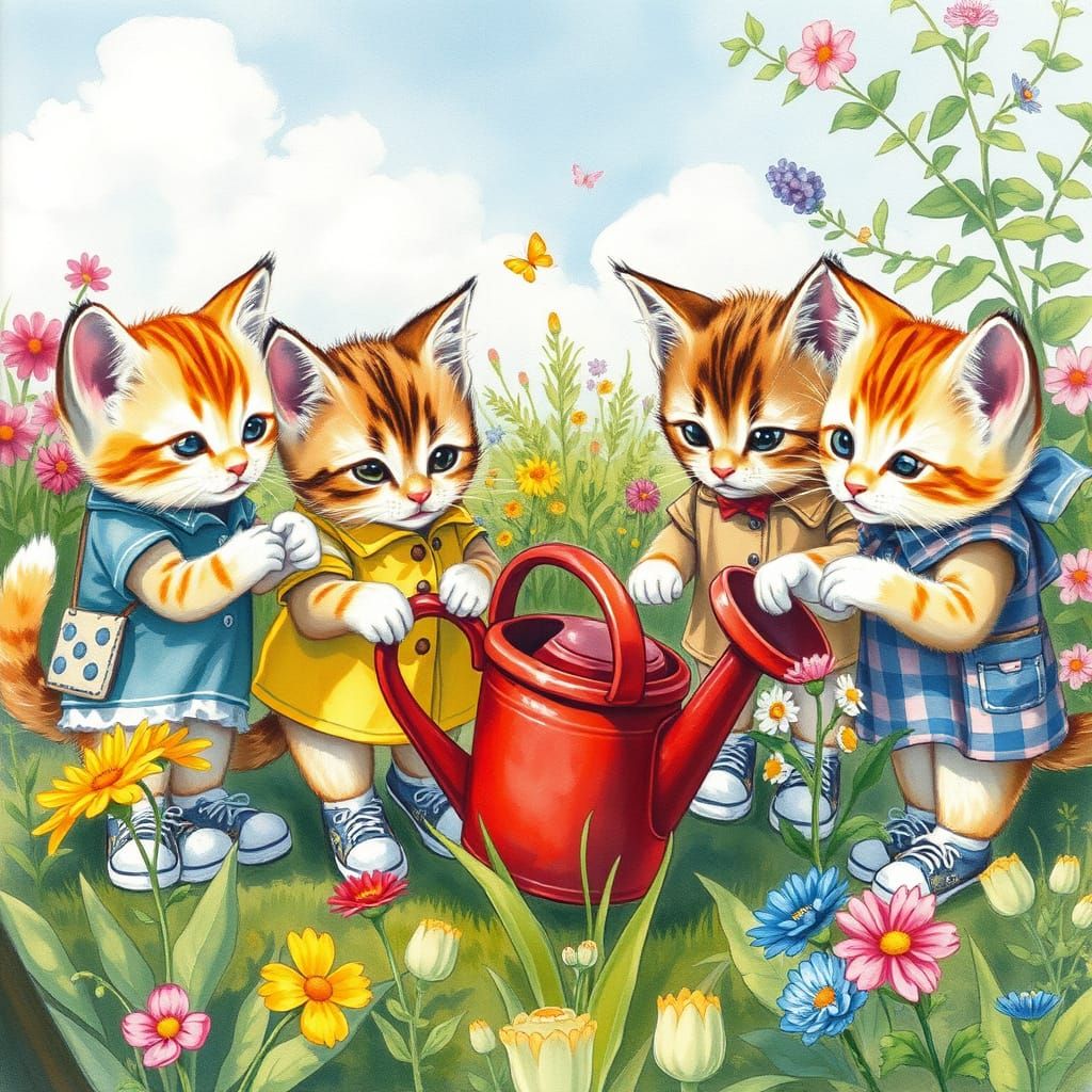 Kittens in Whimsical Garden, Inspired by Classic Illustratio...