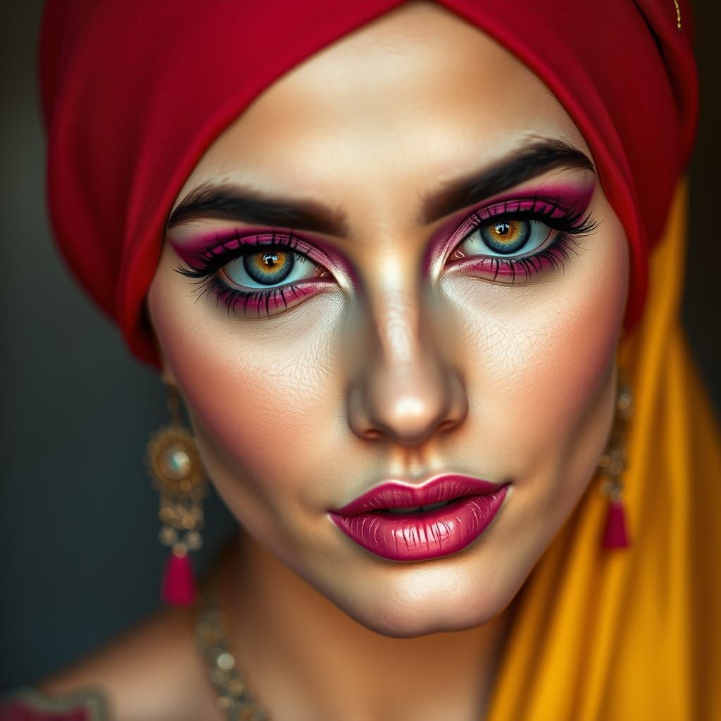 Seductive Arabian Princess with Pink Makeup and Turban