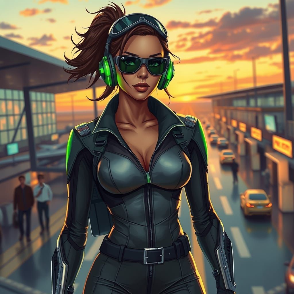 Elegant Tan Superheroine Pilot Embarks at Dusk Airport in De...