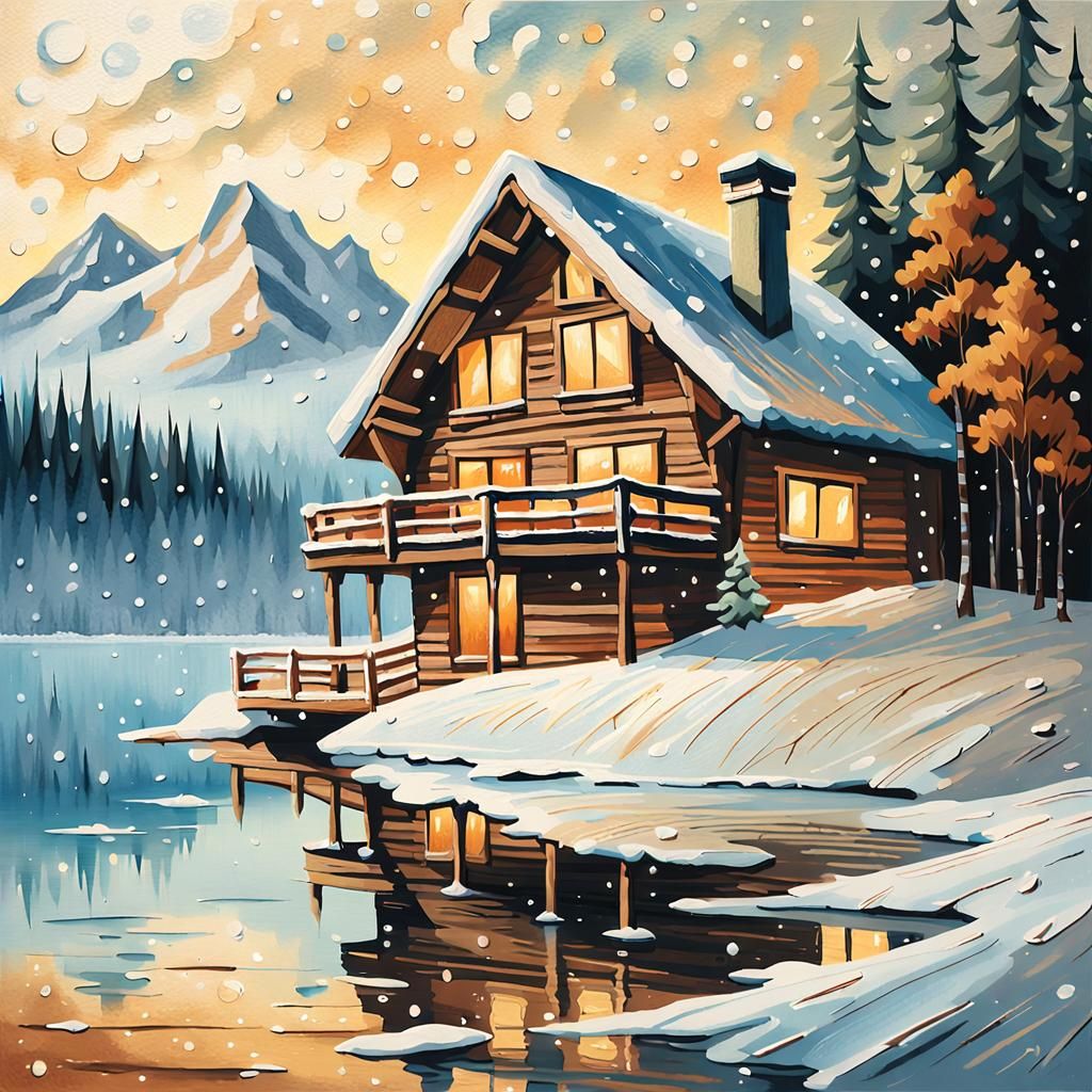 Winter Chalet on Frozen Lake: Impasto Gouache Painting