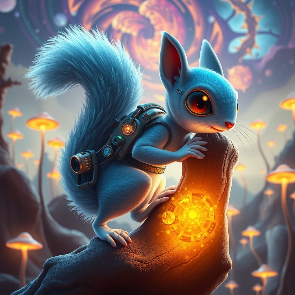 Iridescent Squirrel Alien in Bioluminescent Forest