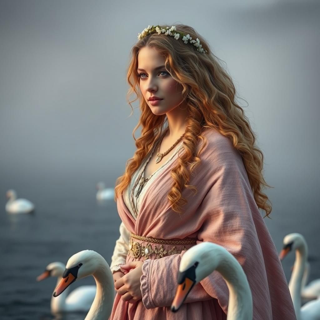 Ethereal Woman with Swans in Golden Light