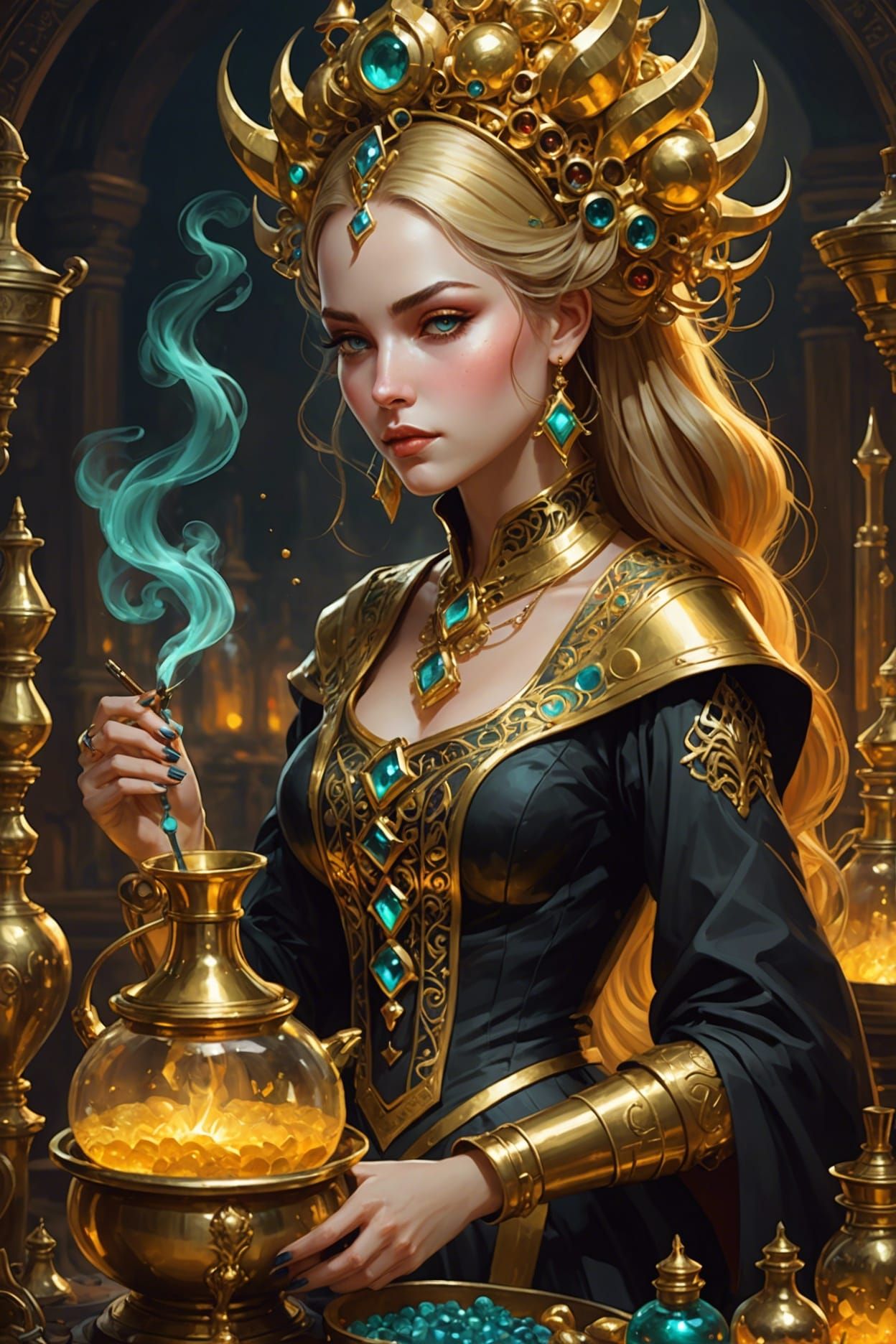 Gold Alchemist Goddess with Colorful Gothic Potions