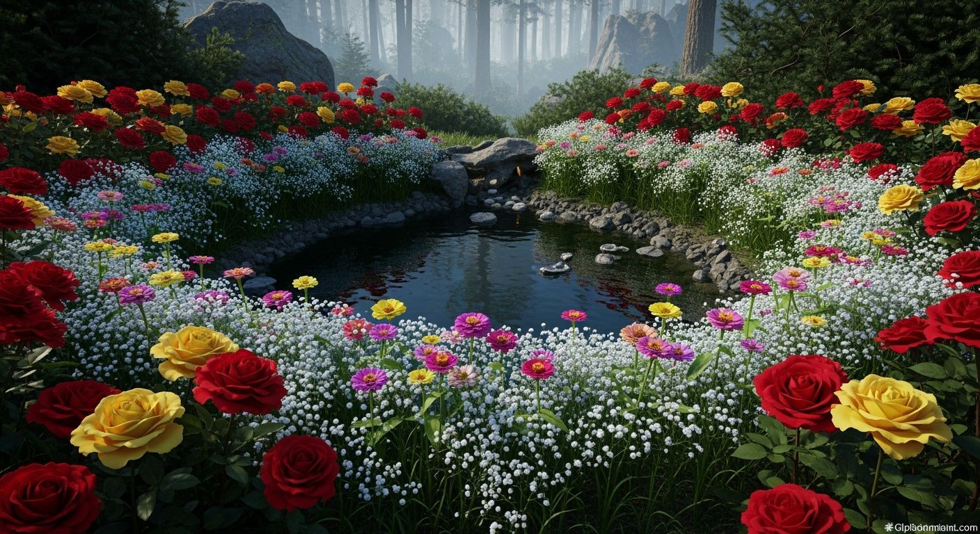 Fantasy Pond Amidst Roses and Forest, Dark Concept Art