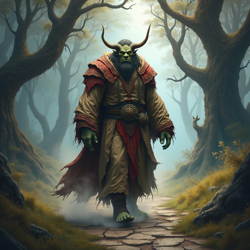 Orc Wizard Walks a Mystical Primeval Landscape