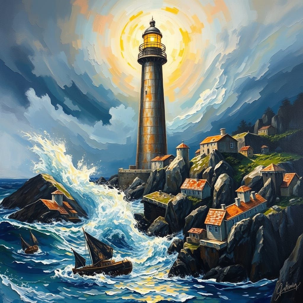 Lighthouse of Silver and Copper in Expressionist Style