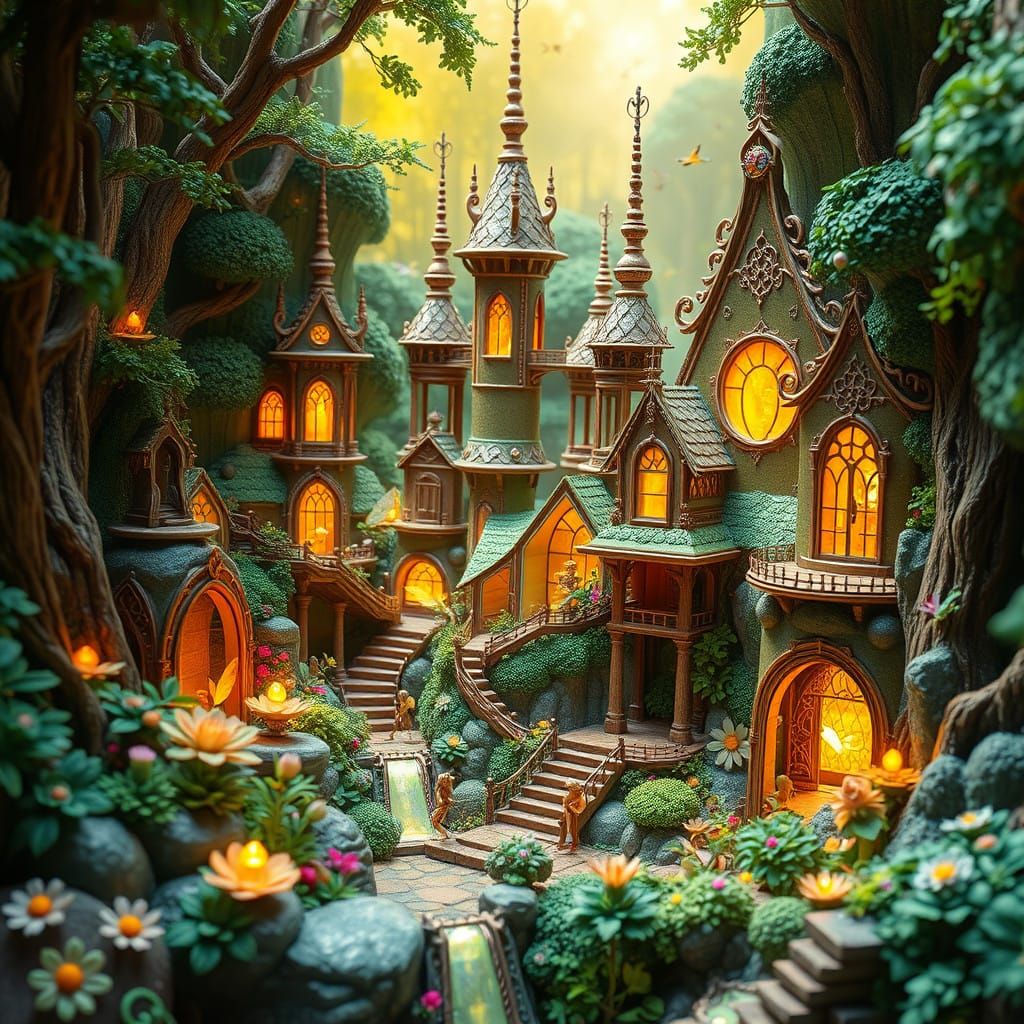 Enchanted Fairy Realm in Vibrant Emerald and Gold