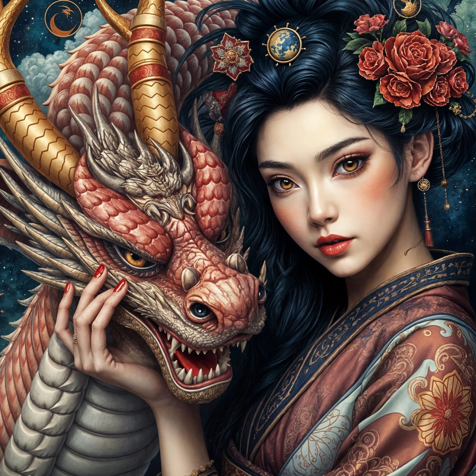 Dreamlike Portrait: Woman and Dragon in Vibrant Hues