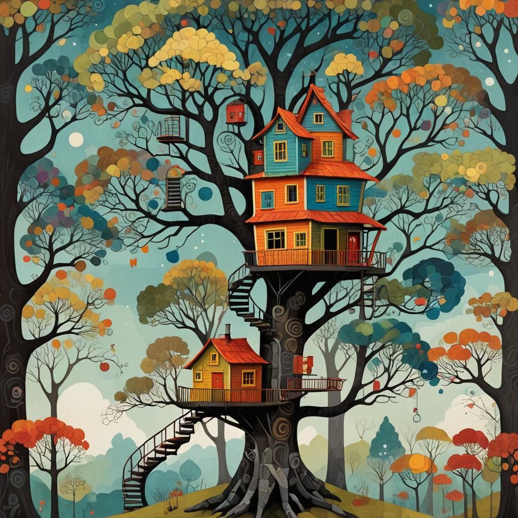 Whimsical Treehouse Illustration in Scandinavian Folk Art St...