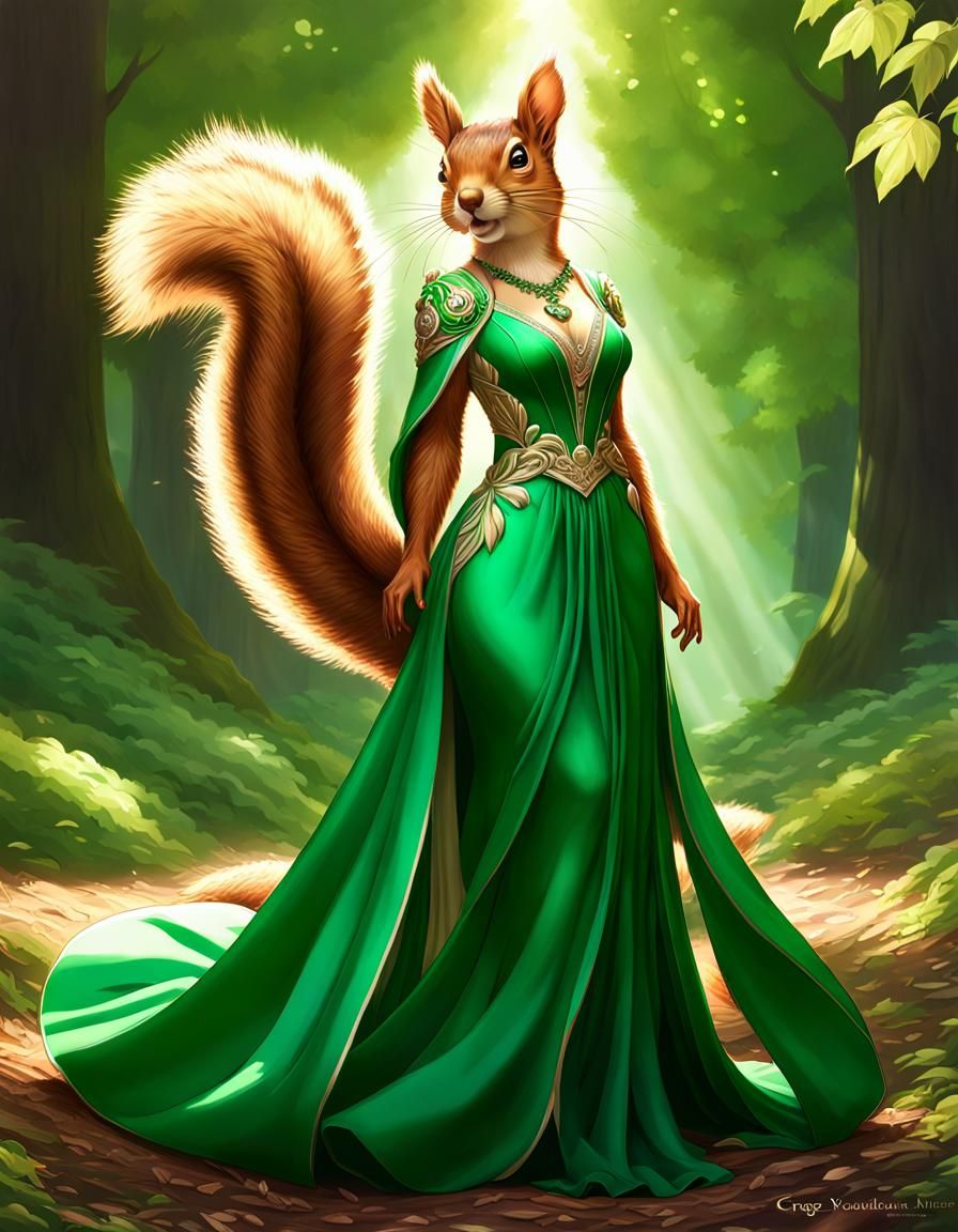 Anthro Squirrel in Flowing Green Dress Portrait