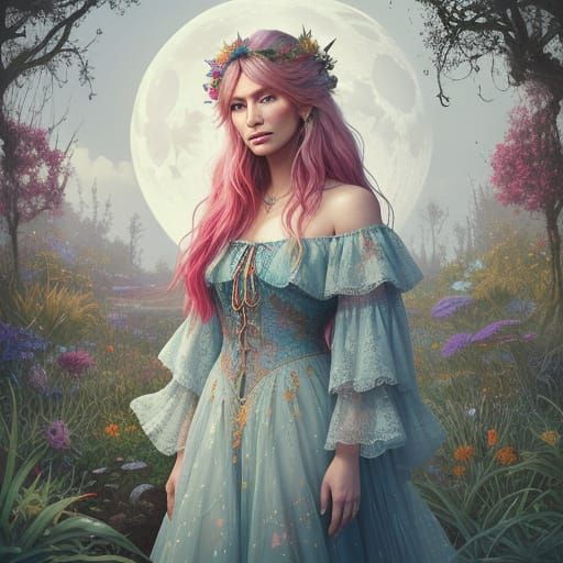 Ethereal Bohemian Goddess in a Whimsical Moonlit Garden