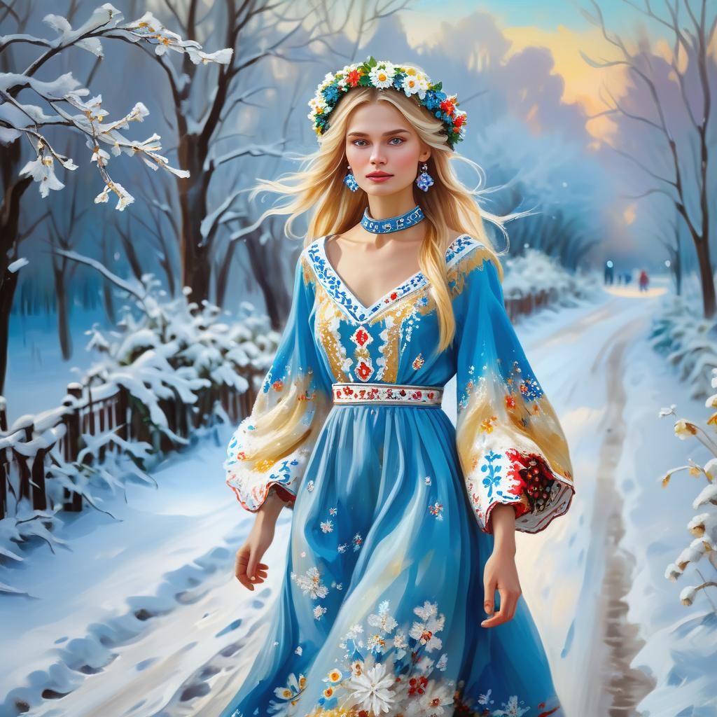 Russian Model in Snowy Wonderland, Impasto Oil Painting