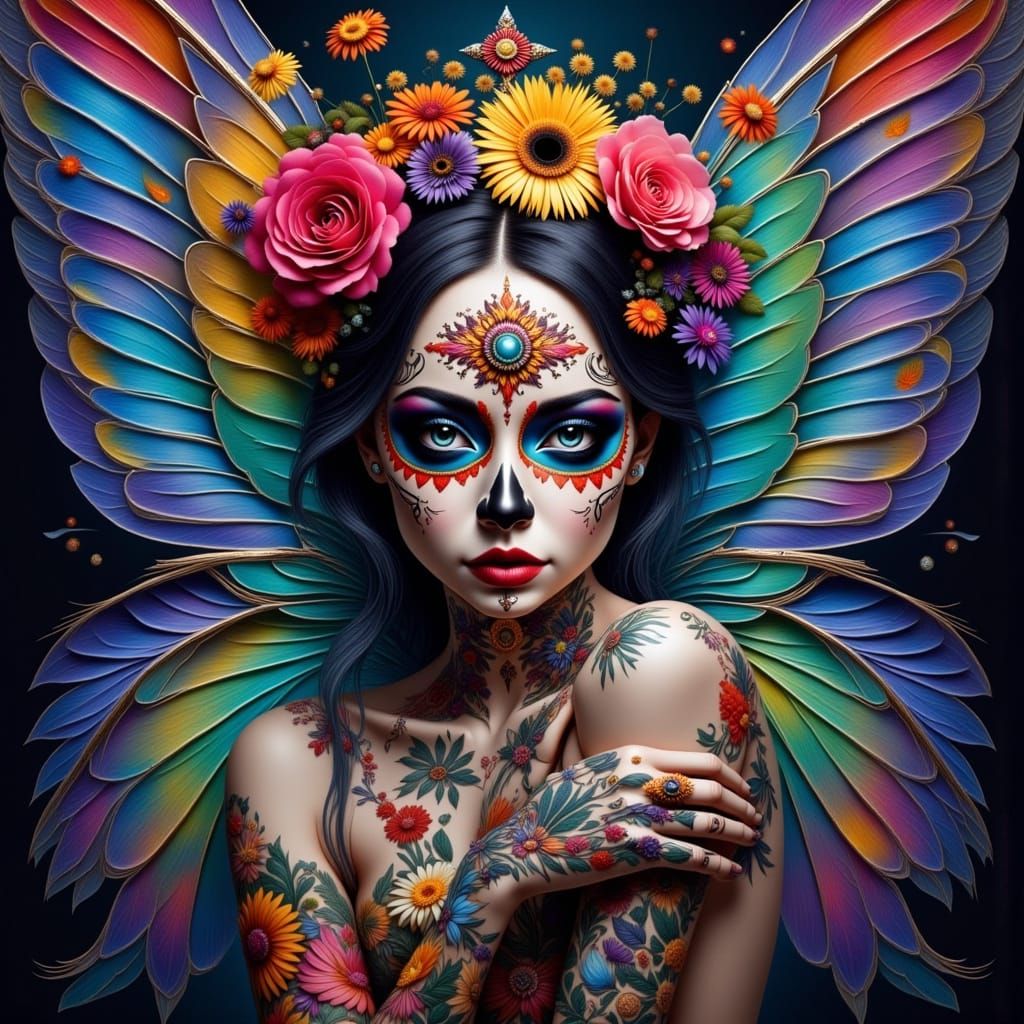 Sugar Skull Fairy with Tattoos in Painterly Style