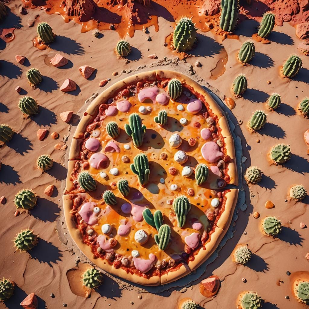 Surreal Pizza Desert Landscape with Cactus Toppings