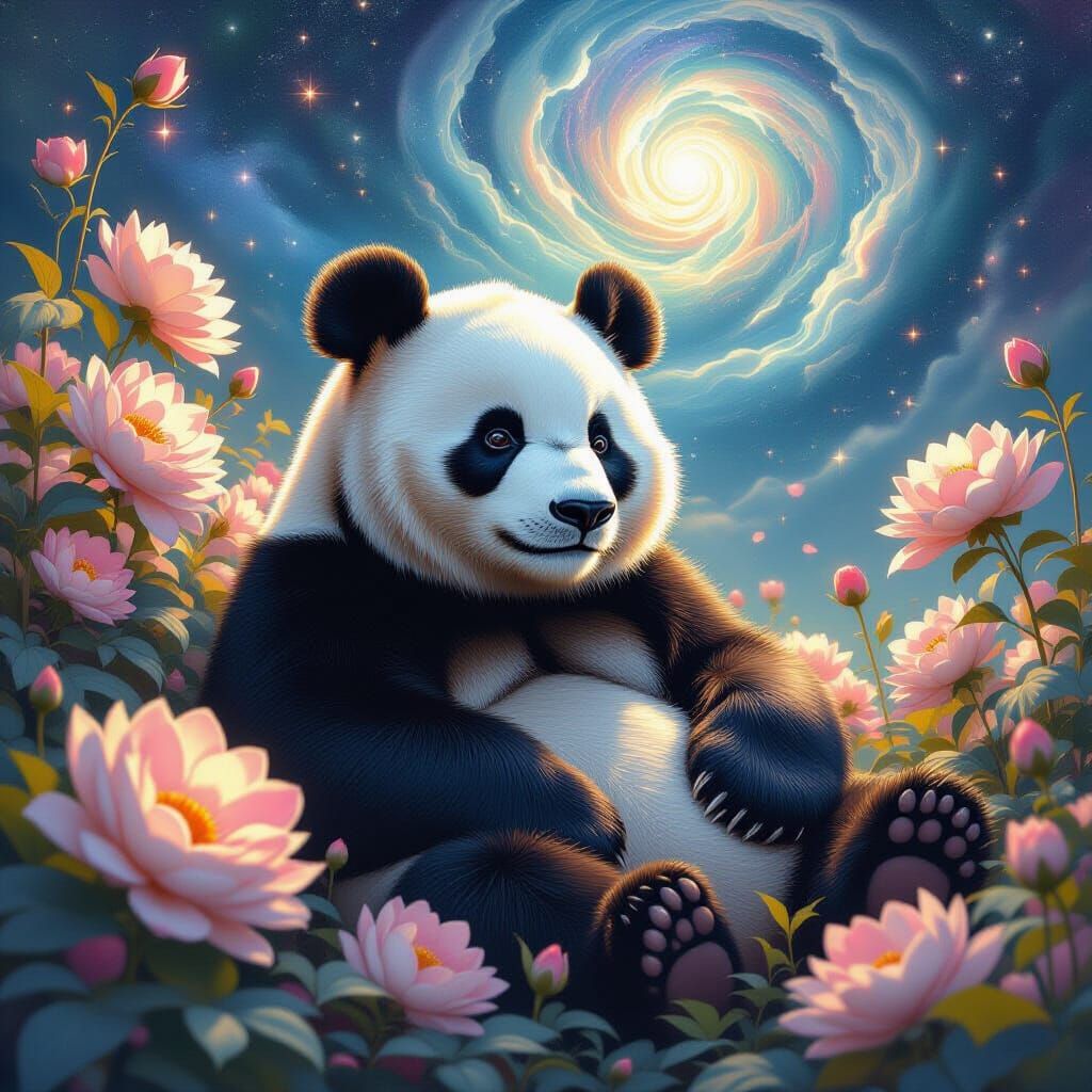 Panda Among Ethereal Flowers Under Cosmic Sky