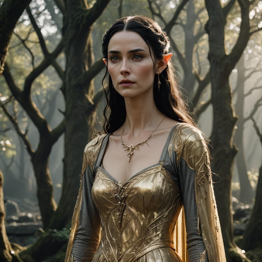 Ethereal Elven Woman in Golden Gown