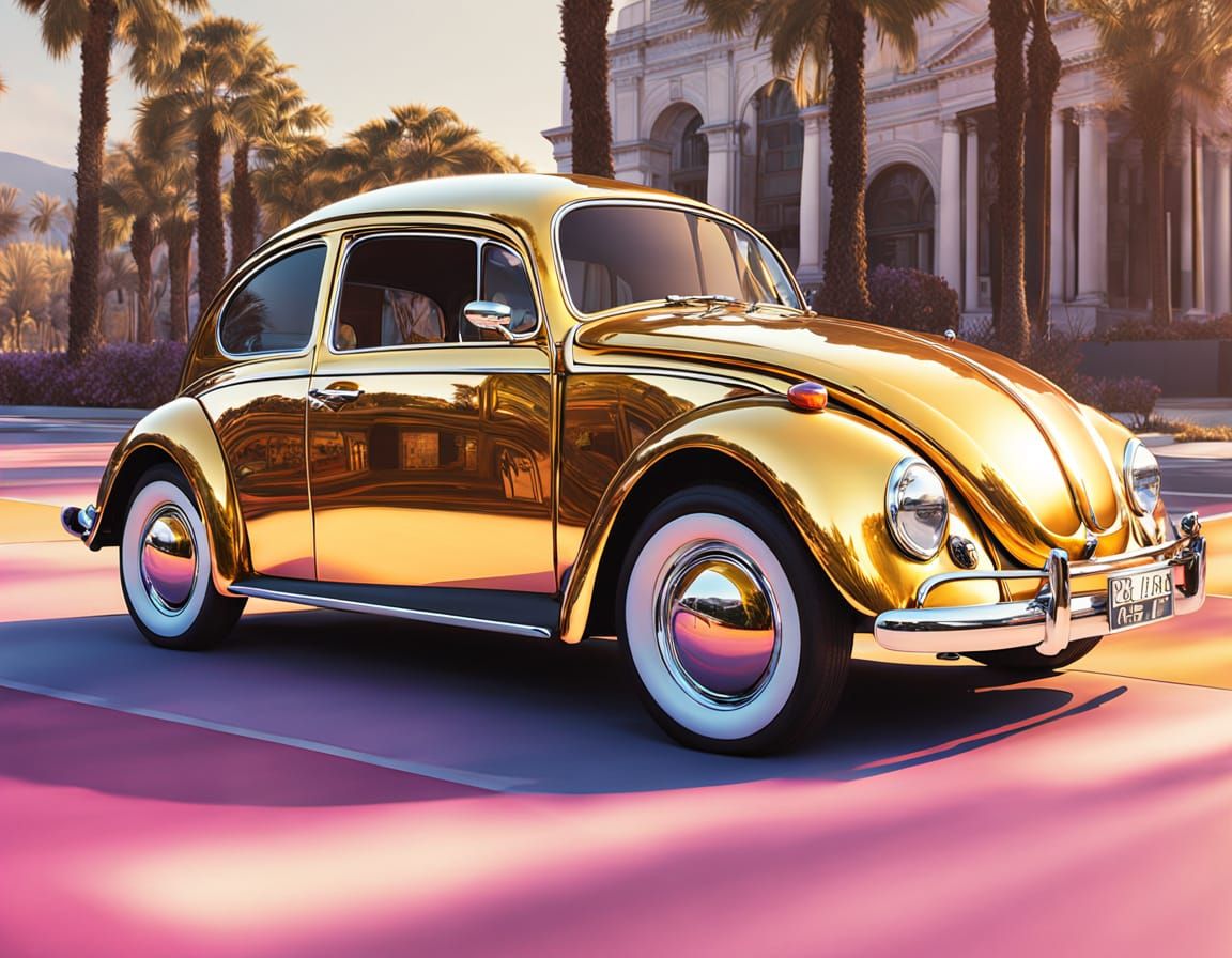 Golden Chrome Beetle in Sunset Reflection