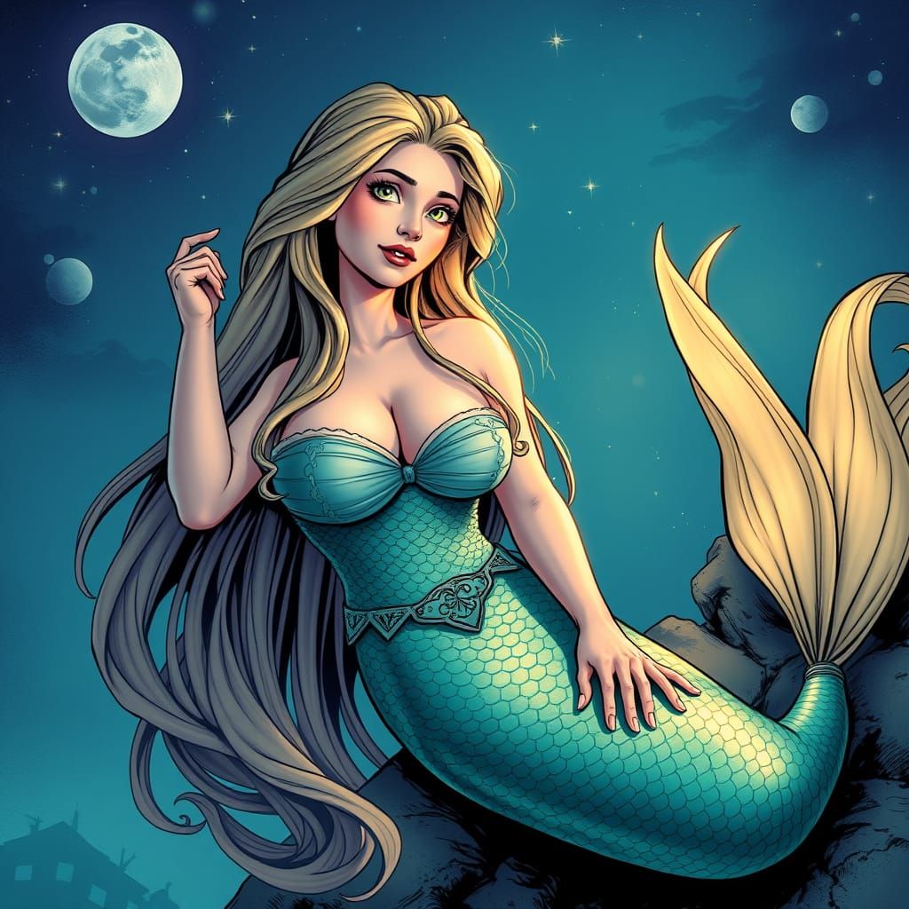 Rapunzel as Underwater Siren in Comic Book Style