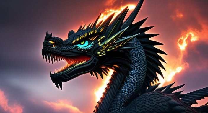 Black Dragon God with Glowing Markings in Fantasy Art