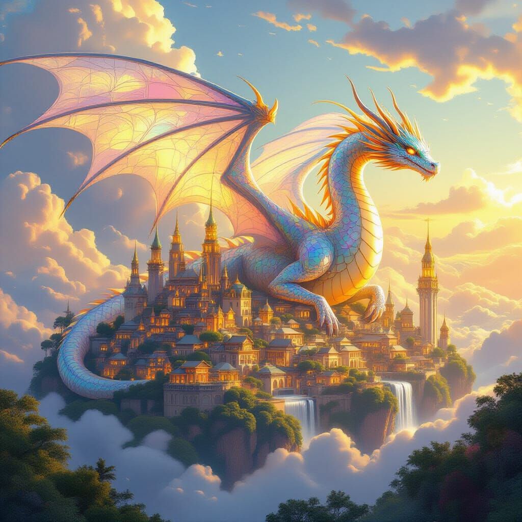 Dragon Carries City in Sky, Fantasy Art