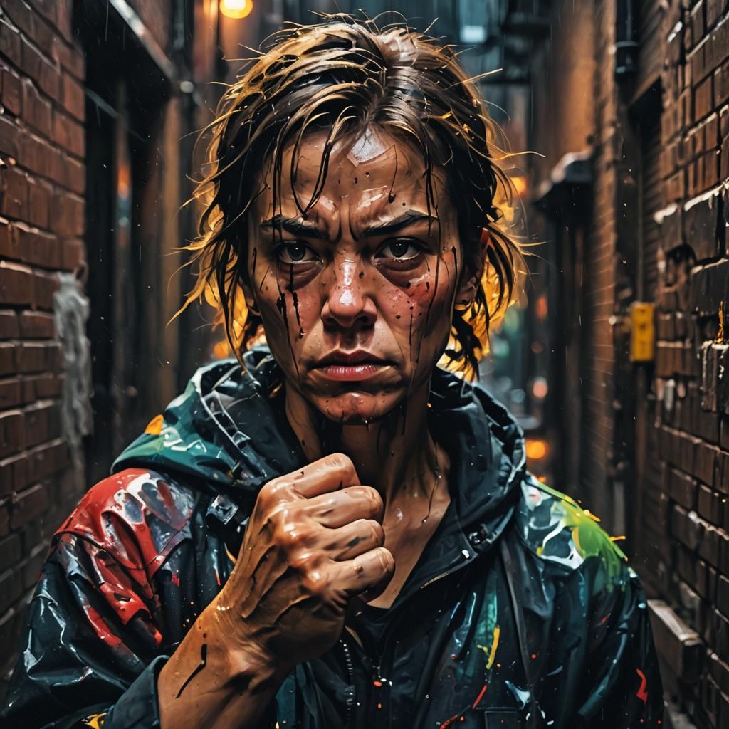 Intense Expression in Urban Alleyway, Abstract Impressionism