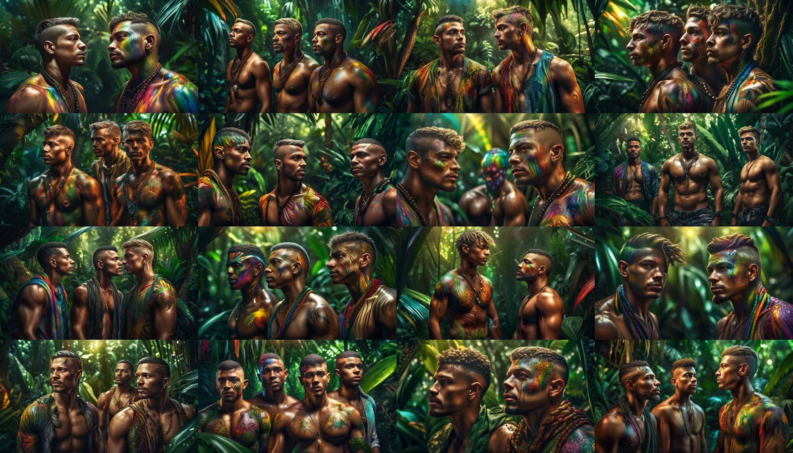 Two Men Posing in Jungle, Hyperrealistic Splash Art