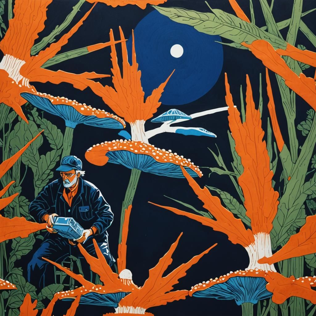 Glowing Mushroom Cultivation: Linocut Futurism