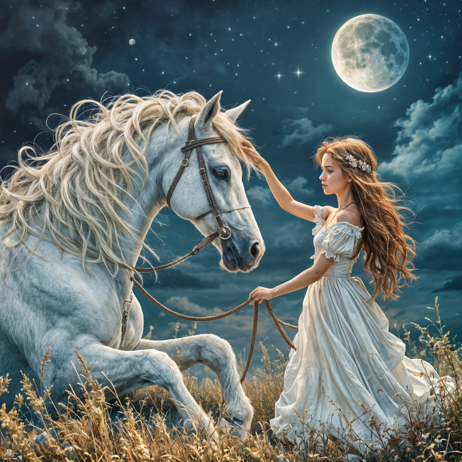 A Native American Maiden Under the Moon, Riding Her Pony in....