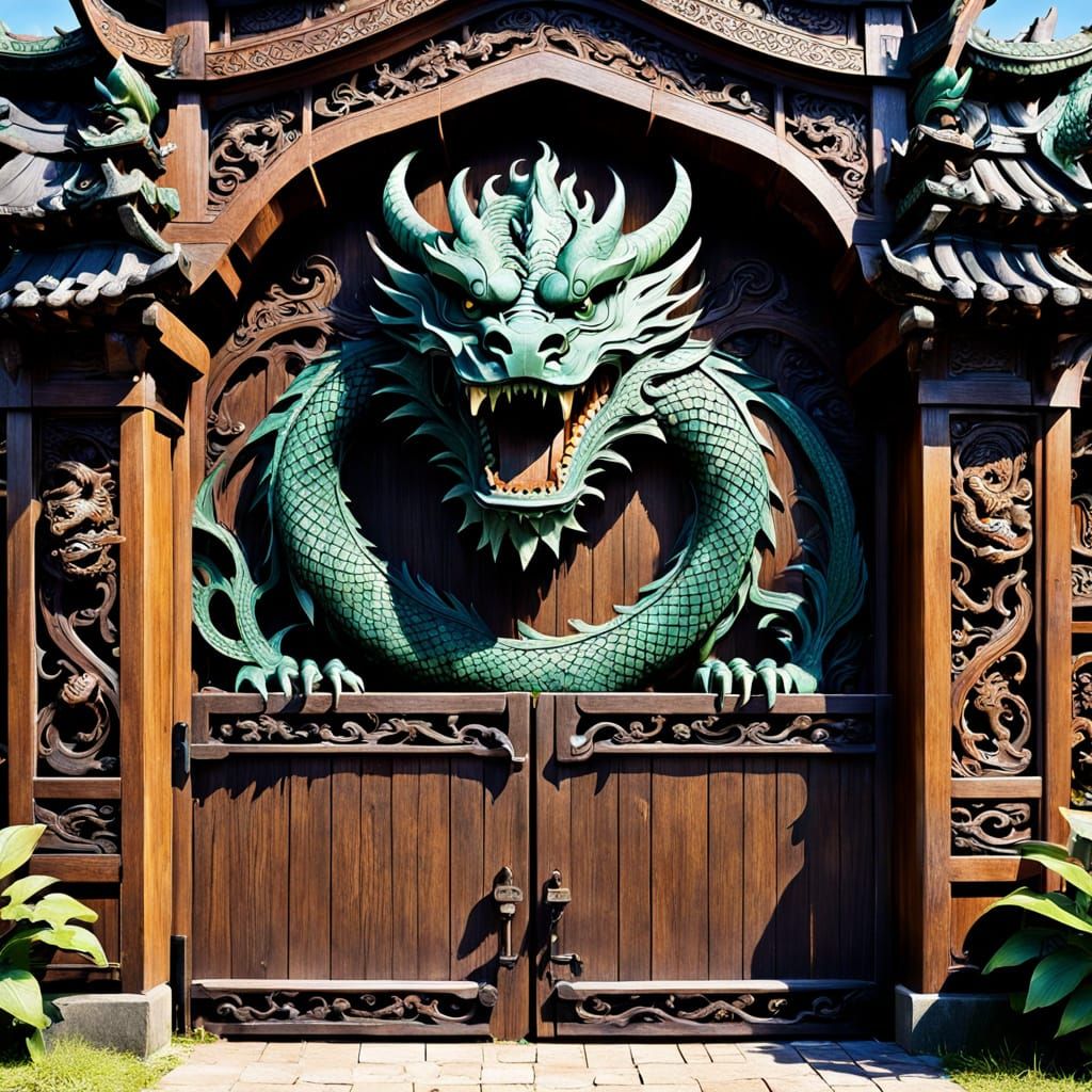 Ornate Dragon Carvings on Ancient Wooden Gates