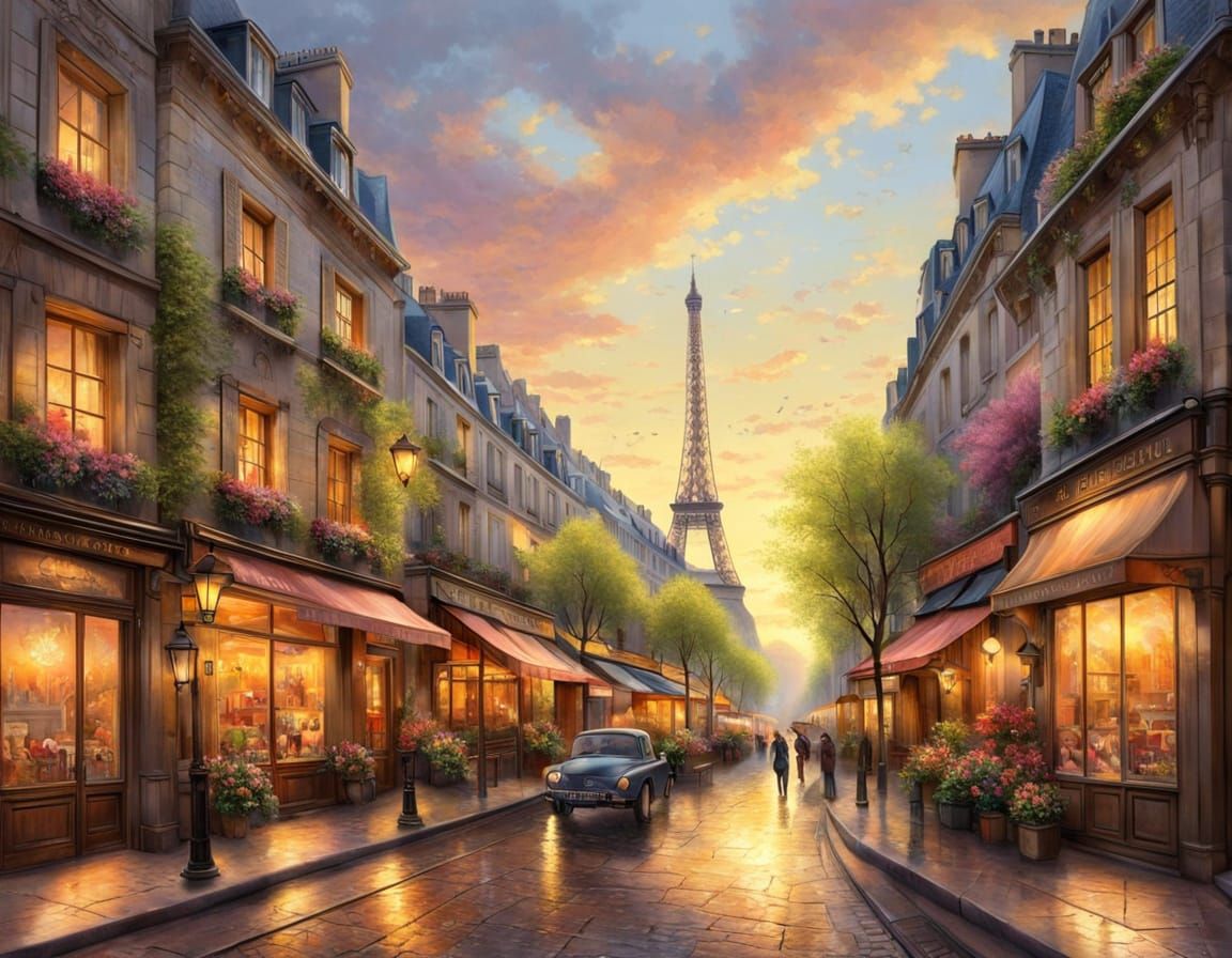 Paris Street Scene at Sunset in Kinkade Style