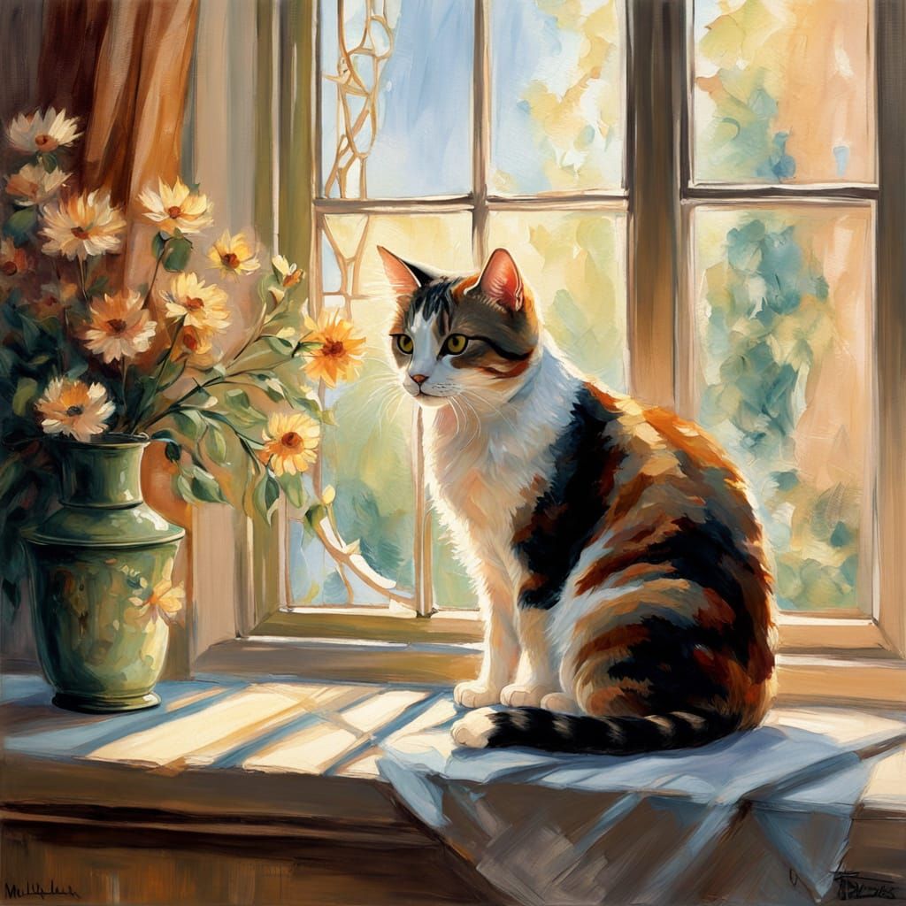 Impressionist Cat on Windowsill in Warm Sunlight