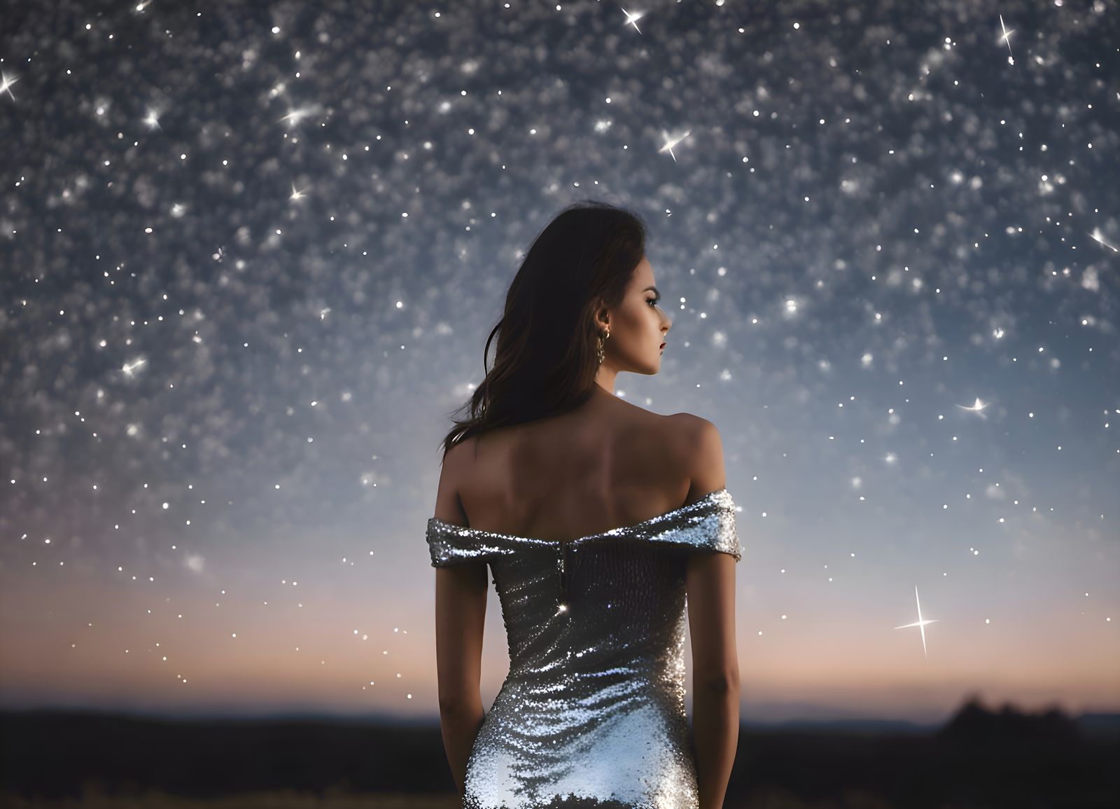 Woman Watching Shooting Star in Sequined Dress
