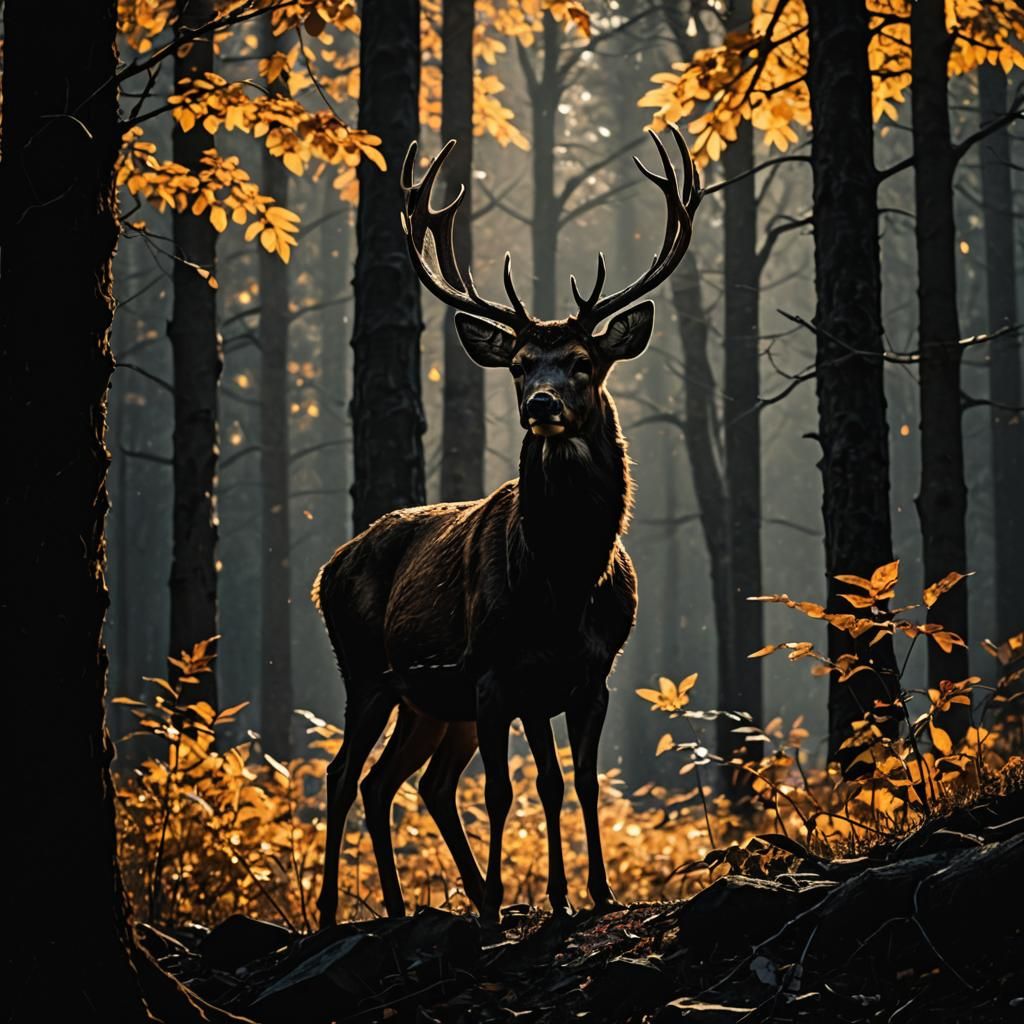 Silhouette Art: Deer in Autumn Mountain Forest
