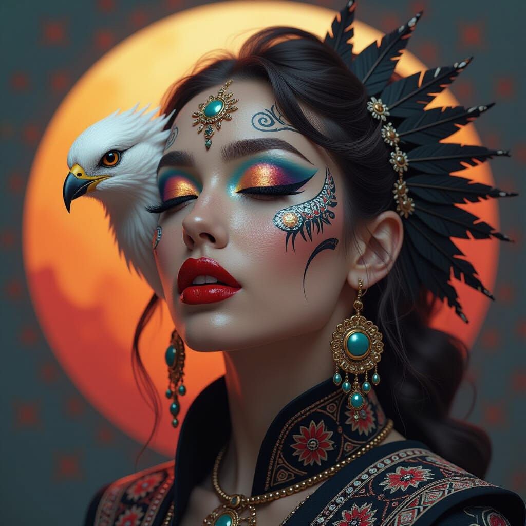 Avian Woman with Lunar Eyeshadow, Photorealistic Digital Art