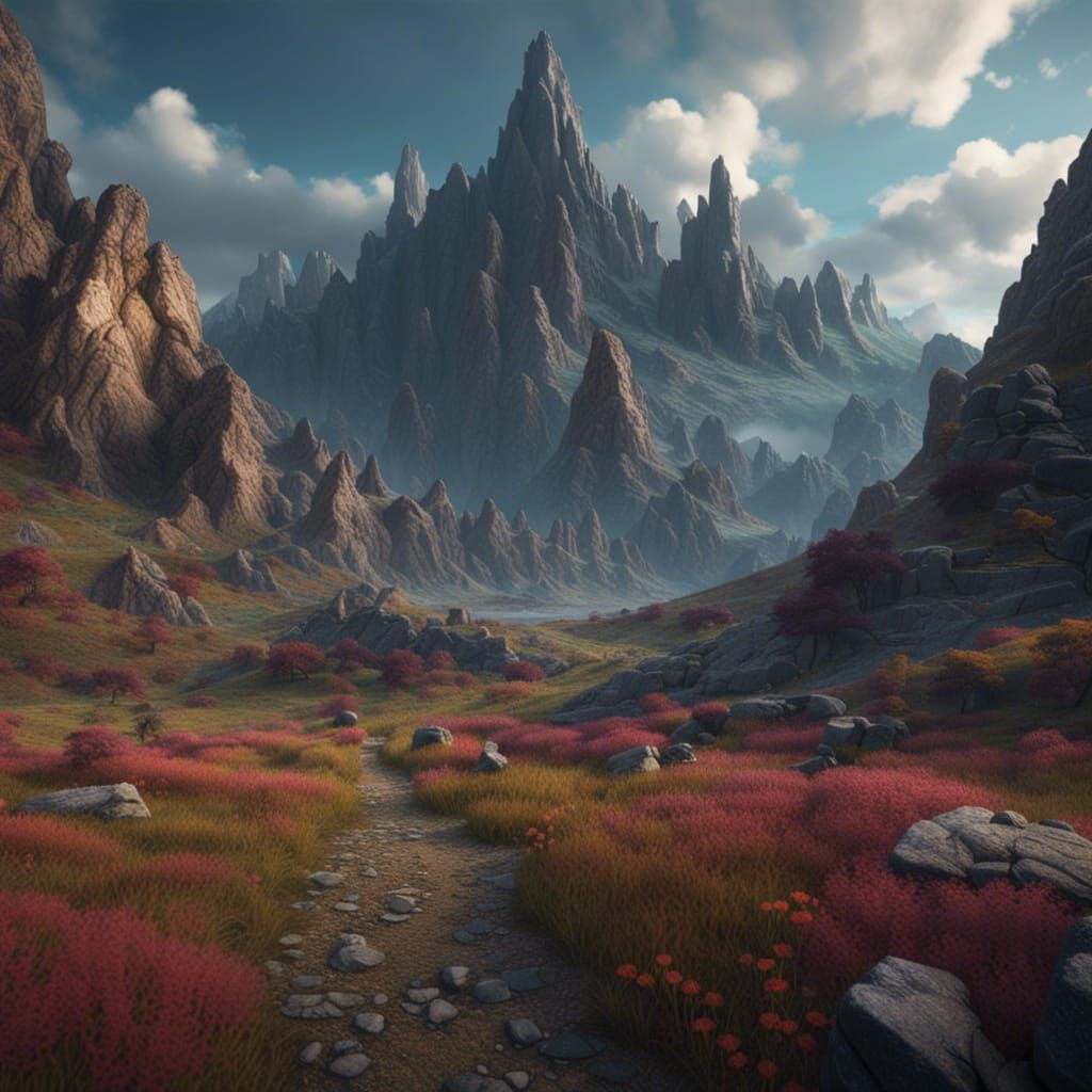 Detailed Mountain Field Matte Painting